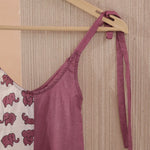 Organic cotton kids dress with purple elephant block print and tie-up shoulder strap